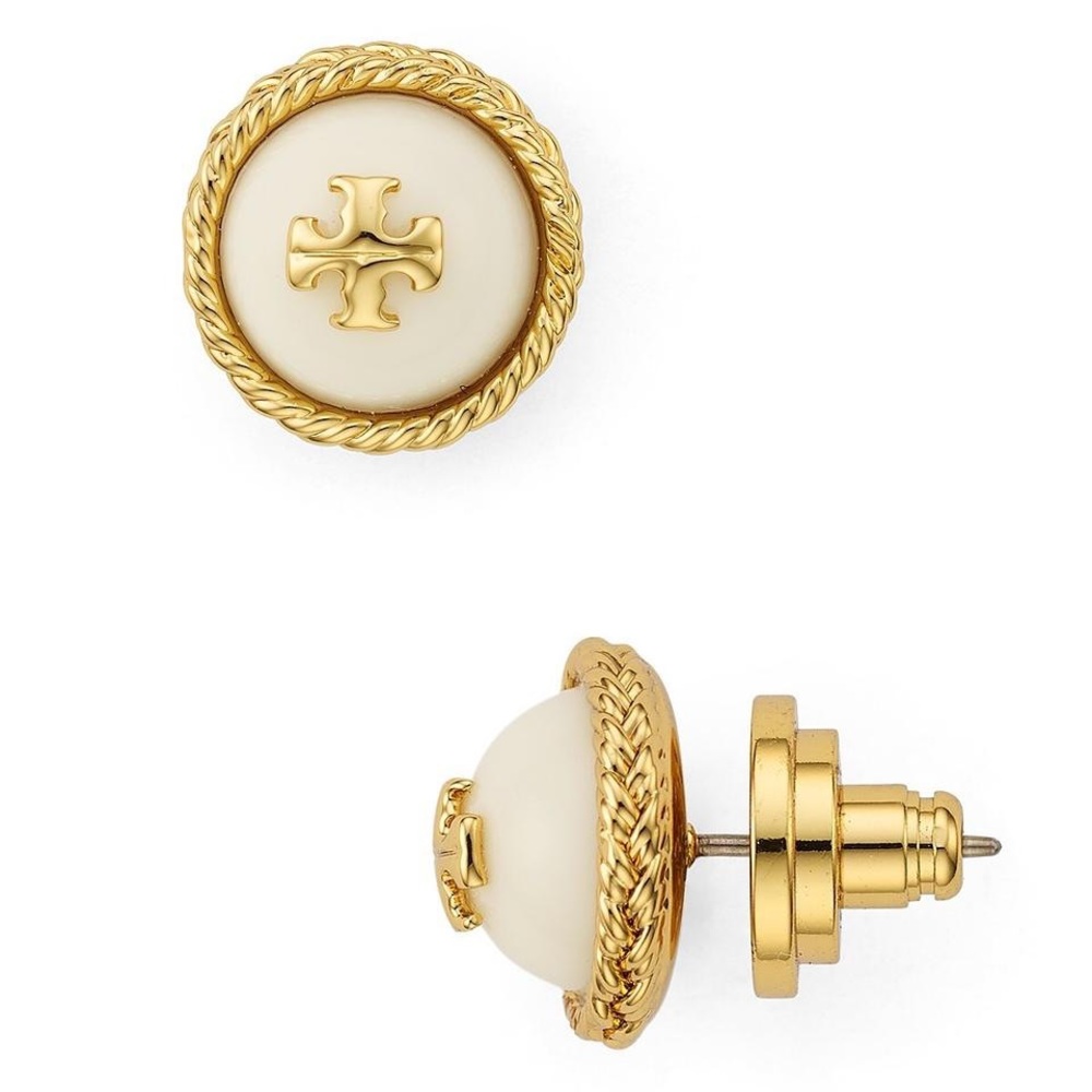 NEW Tory Burch Rope Logo Stud Earrings Gold/White